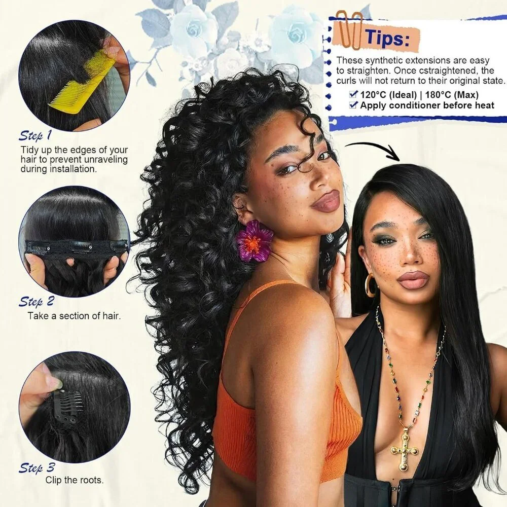 Curly Wavy Synthetic Clip in Hair Extensions 18 Inch 4PCS for Women